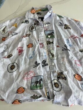 Banana Republic White Printed Linen Travel-Stamp Button-Up Shirt